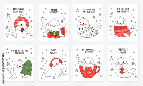 Creative postcard collection for Christmas and New Year with cute seals and winter slogan.