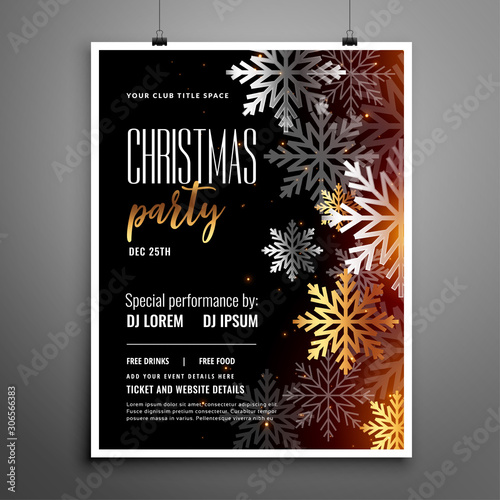 christmas party flyer with silver snowflakes decoration