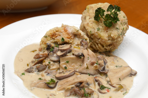 Homemade bread dumpling with mushroom ragout