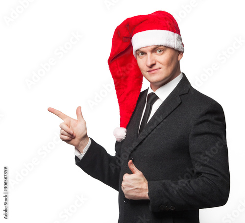 Santa businessman without smile showing blank background