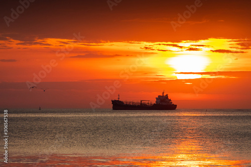 Silhouetted ship and flying seagulls at sunrise.