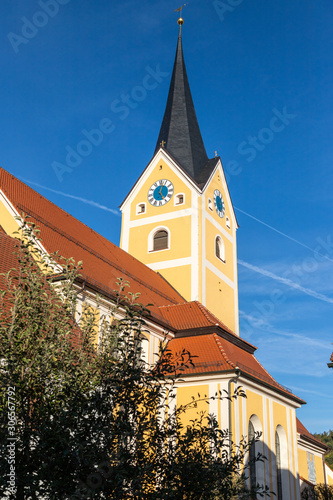 Parish church assumption in Berching, Bavaria in autumn with multicolored tree in foreground © Reiner