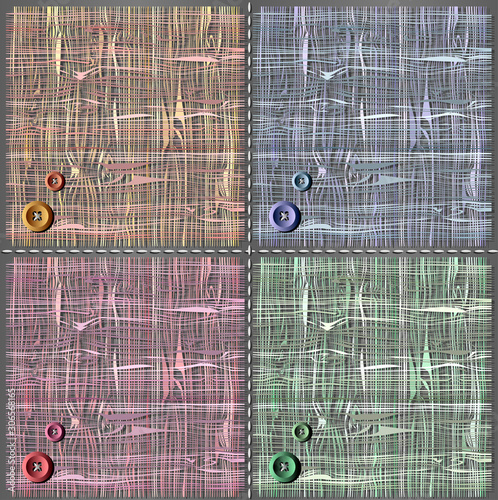Set of colored vintage gauze textures with clothes buttons on gray background. Vector illustration.