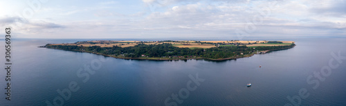Aerial panorama of Ven island in southern Sweden during a summer sunrise. 