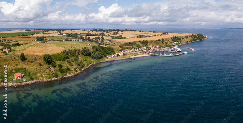 Aerial panorama of the southern part of the island Ven in southern Sweden with the town Bäckviken in the background. 