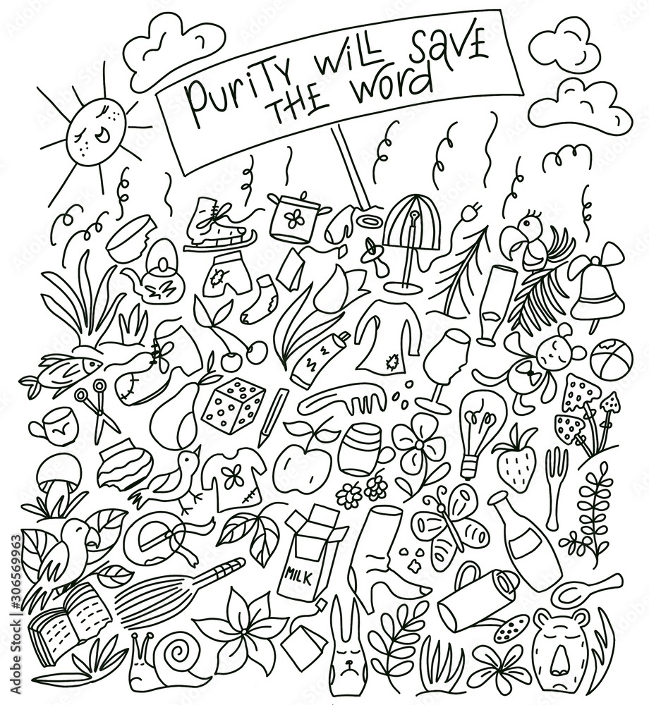 An environmental poster featuring a landfill and a inscription - purity will save the world. Handmade doodle drawing.