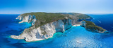 Aerial panorama drone shot of Zakynthos north end with Navagio beach and yachts in Ionian sea