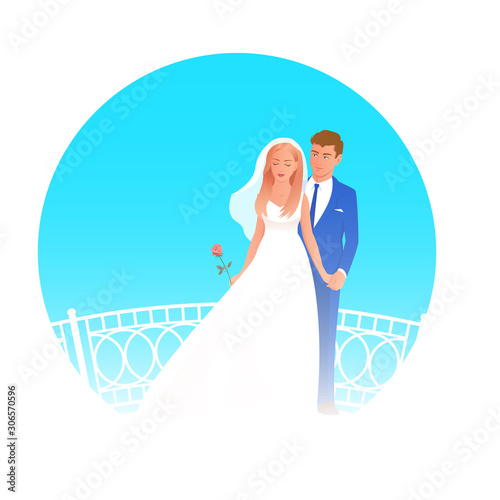 Beautiful newlywed couple in wedding attire. The bride stands with a rose, behind her the groom gently holds her hand. Vector illustration with blue background.