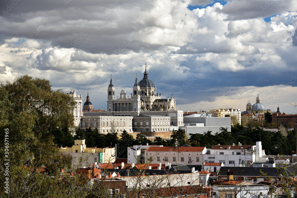 Panorama view on Royal Palace Palacio Real in the capital of Spain - beautiful city Madrid from Lookout of Principe Pío Mountain, Spain