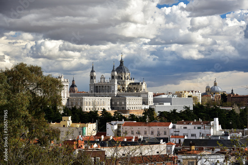 Panorama view on Royal Palace Palacio Real in the capital of Spain - beautiful city Madrid from Lookout of Principe Pío Mountain, Spain
