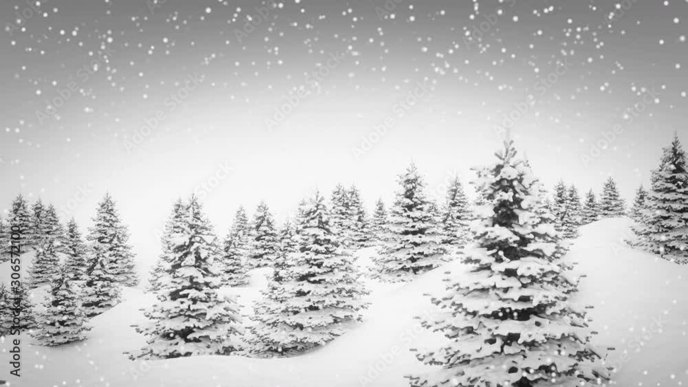 Winter landscape falling snow and pine trees Christmas background. 4K seamless loop