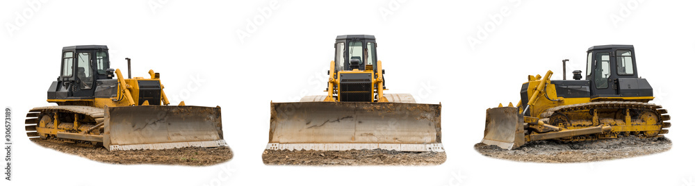 Modern excavator bulldozer with clipping path isolated on white background. Save work path