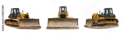 Modern excavator bulldozer with clipping path isolated on white background. Save work path
