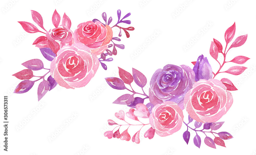 Watercolor bouquets of pink and purple roses and leaves.