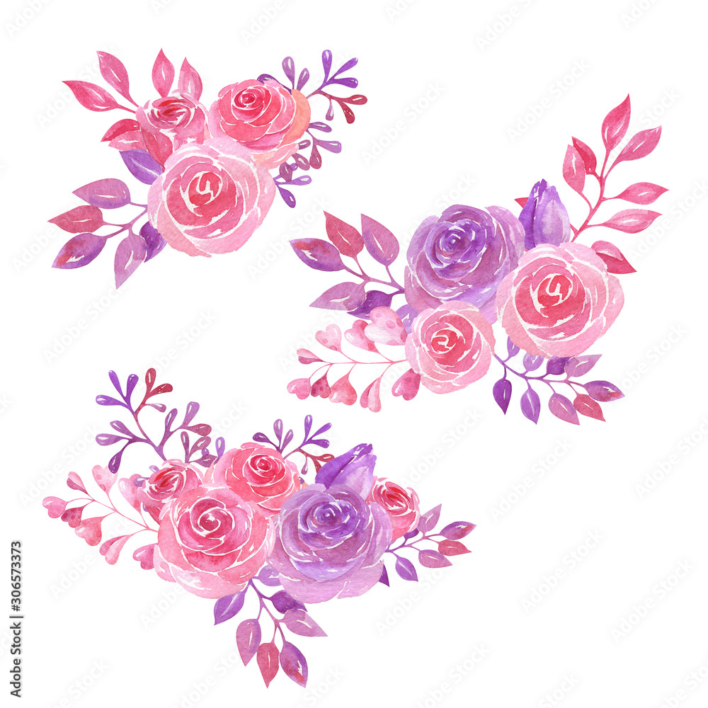 Watercolor bouquets of pink and purple roses and leaves.