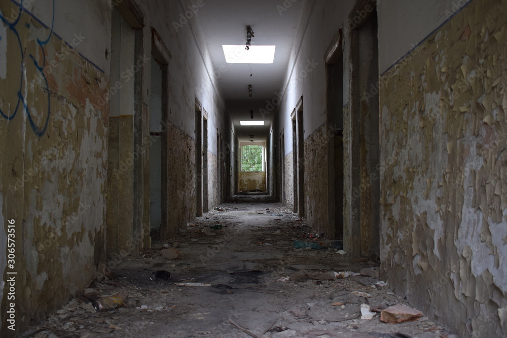 Interior of an abandoned building in black and white Interior of an abandoned building in black and white