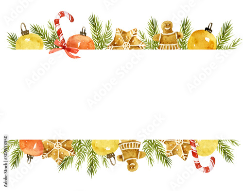 Fototapeta Naklejka Na Ścianę i Meble -  Watercolor border of cookies,  christmas tree branch, candy cane, socks, Christmas balls, bows. Ornate  frame illustration on the white background. Bright colorful hand-drawn illustration.