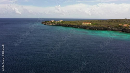 Aerial view of coast of Curaçao in the Caribbean Sea with turquoise water, cliff, beach and beautiful coral reef around Watamula photo