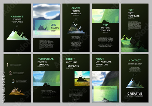 Creative social networks stories design, vertical banner or flyer template. Covers design templates for flyer, brochure. Background for tourist camp, nature tourism, camping. Aadventure design concept