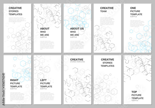 Social networks stories design, vertical banner or flyer templates. Covers design templates for flyer, leaflet, brochure cover. Hexagonal structure for medical, technology, chemistry, science concepts
