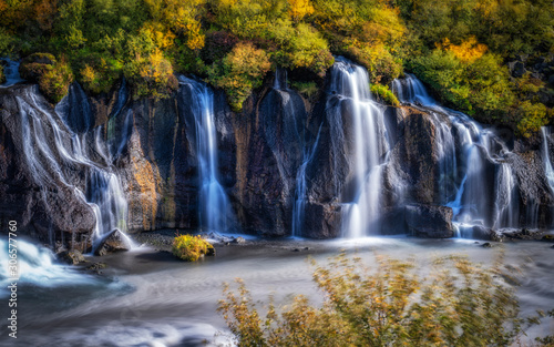 volcanic lava waterfall of Hraunfoss in Iceland