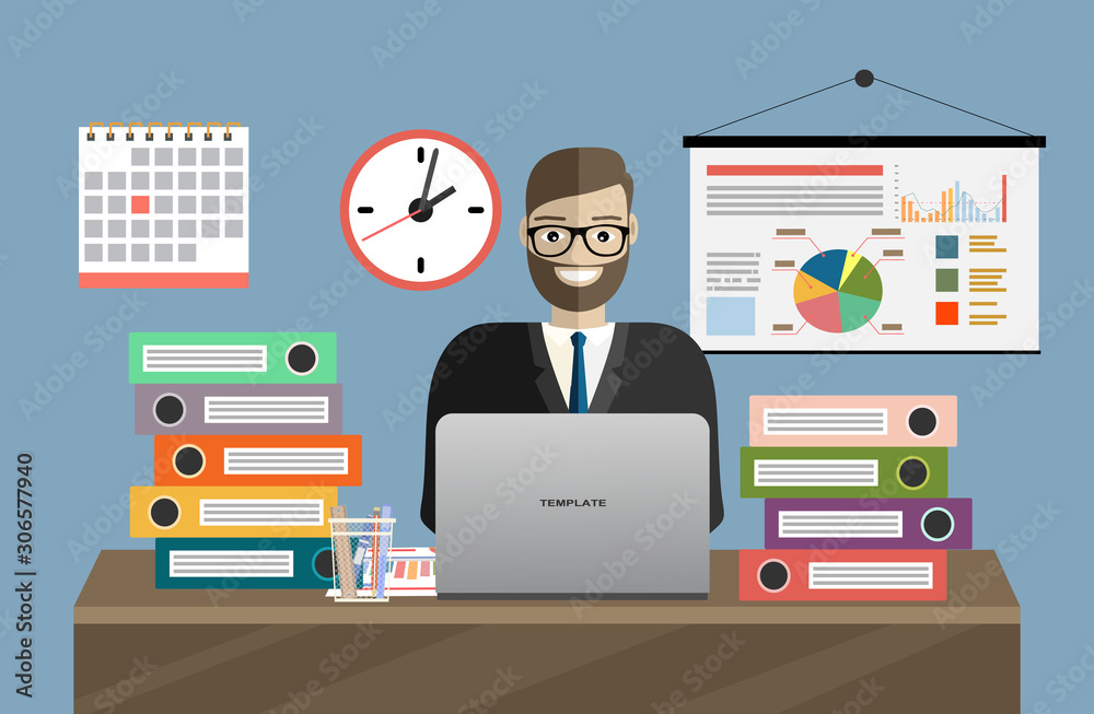 Business man with office things. Finance report, concept. Audit at work analyzes the data of marketing investigations. Research vector illustration flat design. Business man with office things. Finance report, concept. Audit at work analyzes the data of marketing investigations. Research vector illustration flat design.