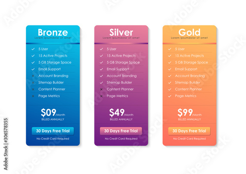 Price Comparison Table, Pricing table template for website, applications and business, subscription plans