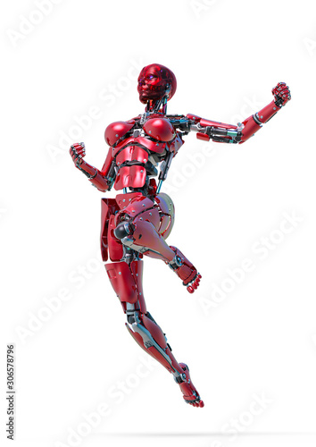 cyborg female comic pose one in a white background
