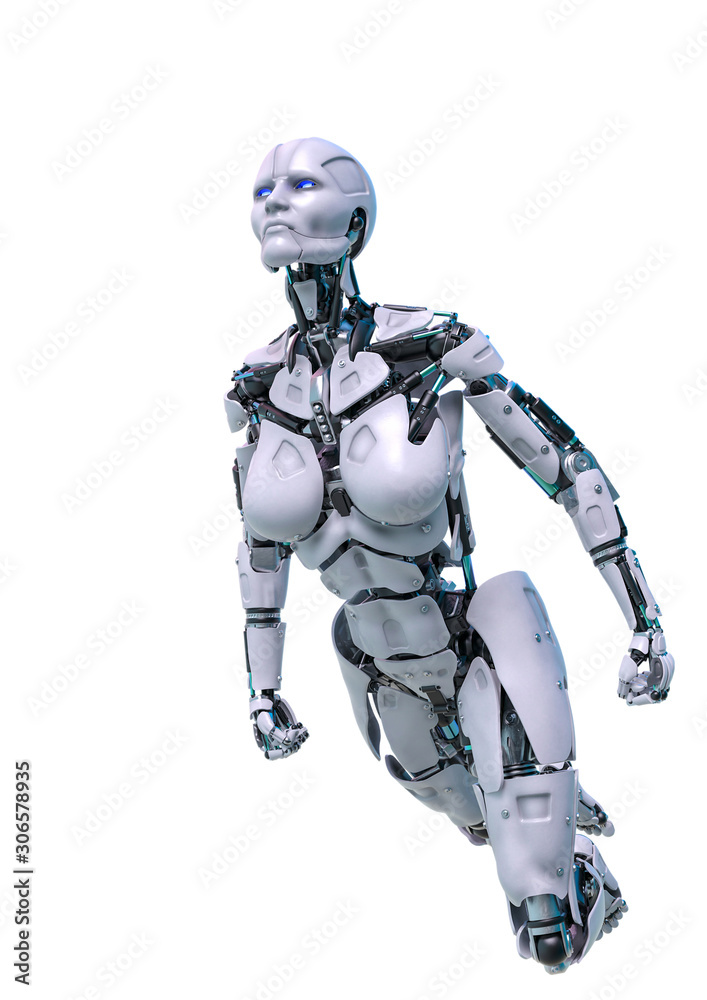 cyborg female flying in a white background