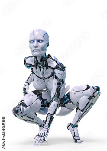 cyborg female is ready in a white background