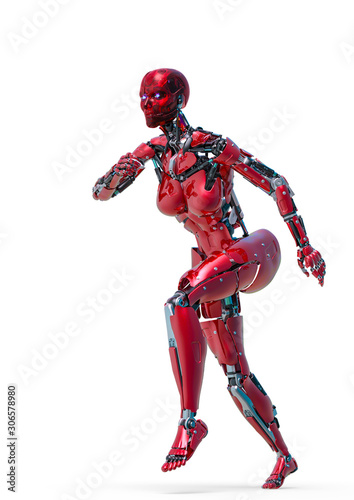cyborg female walking in a white background