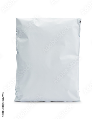 Blank white plastic bag package mockup template isolated on white background with clipping path.
