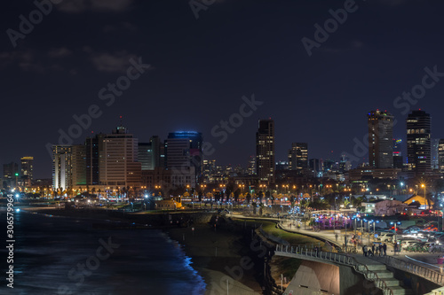 View on Tel Aviv city coastline from Jaffa at night. Israel