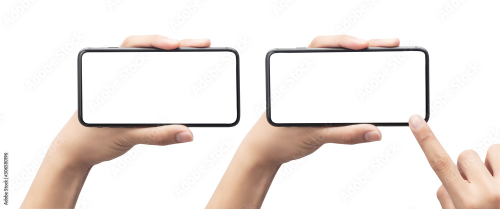 Set of Male hand holding the black smartphone and touching on blank screen isolated on white background with clipping path. Set of Male hand holding the black smartphone and touching on blank screen isolated on white background with clipping path.
