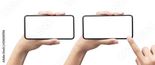 Set of Male hand holding the black smartphone and touching on blank screen isolated on white background with clipping path.