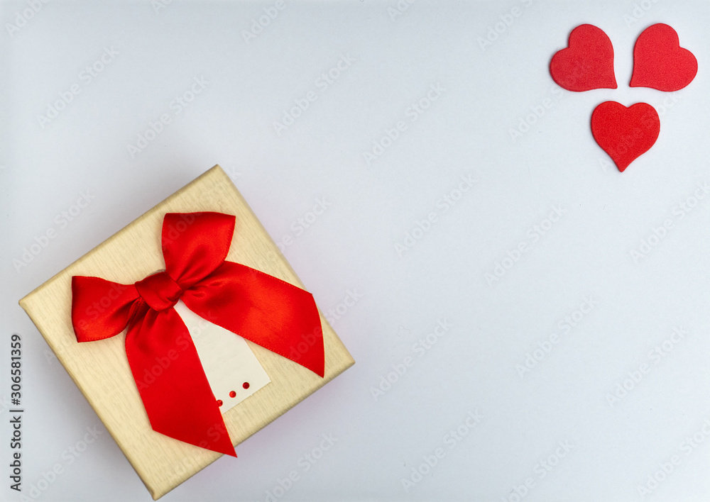 Flat lay yellow box with red   heart  on  white backgound. Wedding card ideas and Valentines Day copy space for text