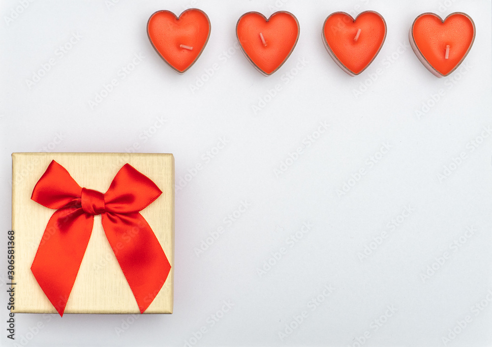 yellow box with red   heart  on white backgound. Wedding card ideas and Valentines Day copy space for text. Flat lay