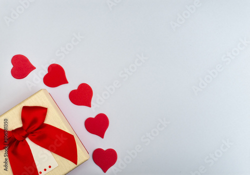 Flat lay yellow box with red heart on white backgound. Wedding card ideas and Valentines Day copy space for text