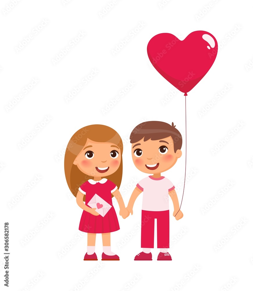 Little boyfriend and girlfriend celebrating Valentines Day flat vector illustrations. Young love. February 14 date isolated design element. Cute boy and girl holding hands characters on white Little boyfriend and girlfriend celebrating Valentines Day flat vector illustrations. Young love. February 14 date isolated design element. Cute boy and girl holding hands characters on white