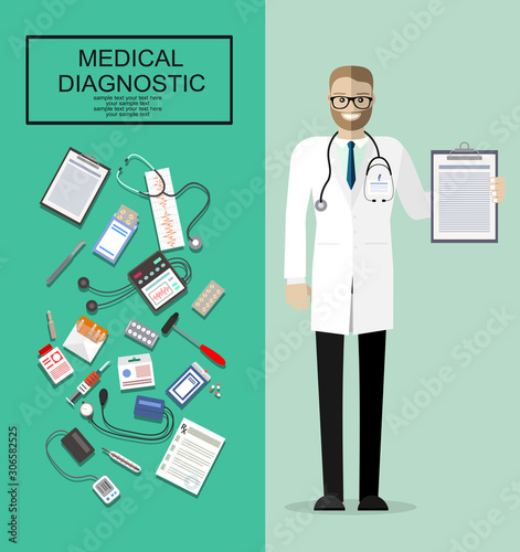 Doctor showing diagnoses with mediacal first aid kit with different pills and medical devices, patiend card with pen, Pill and care healthy, healthcare. vector illustration in flat style.