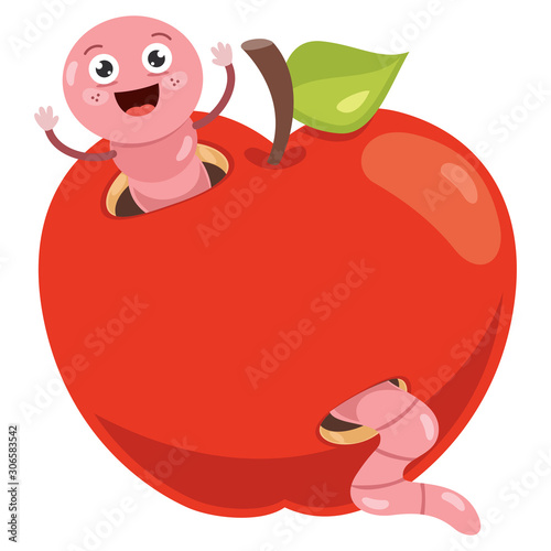 Red Apple And Cute Worm Cartoon