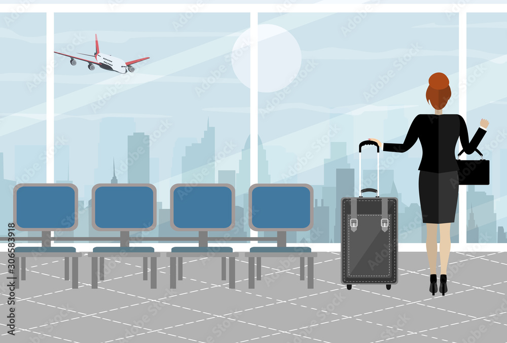 Obraz premium Businesswoman at airport with suitcase, cityscape in background. Travel, vacation, Business trip concept. Vector illustration in flat design.