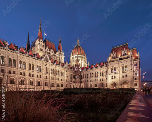 Night view of the illuminated building of the hungarian parliament in budapest. I took this photo from unusual viewpoint.