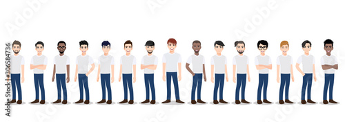 Cartoon character with the men team in T-shirt white and blue jean casual. Teamwork concept flat vector illustration.