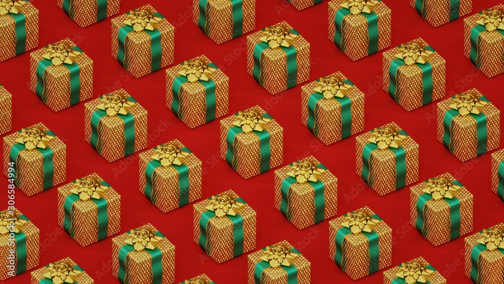 Minimal pattern with golden Christmas gift boxes on red background 3d render