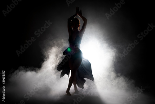 Cuadro en lienzo Silhouette dancer woman performing dance figures in fog.