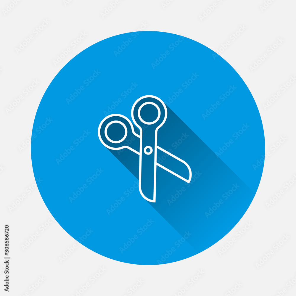 Vector scissors icon on blue background. Flat image with long shadow. Vector scissors icon on blue background. Flat image with long shadow.