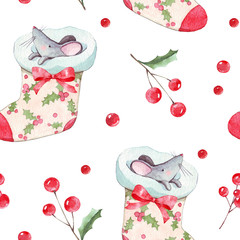 Wandcirkels Aquarel prints patronen Hand painted watercolor character mouse seamless pattern. Cute Christmas rat looking out of Santa Claus sock. Isolated on white background for invitation, design, print, textile, wrapping.  © BloomPix