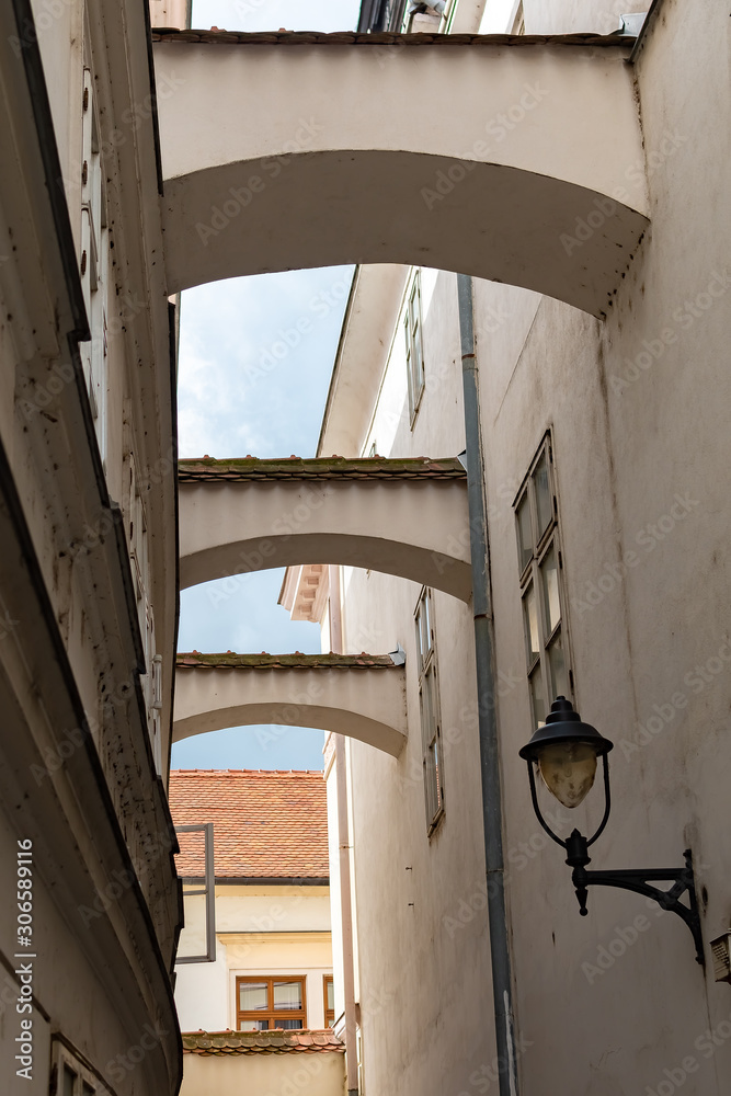 Interesting architecture of old historic narrow street of Znojmo, Czech Republic, Europe