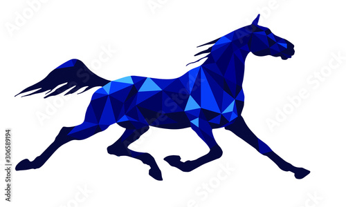  running horse  Trotter  colored  sapphire  isolated image on white background in low poly style  